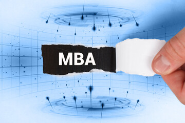 Business, technology, internet and network concept. Young businessman thinks over the steps for successful growth: MBA