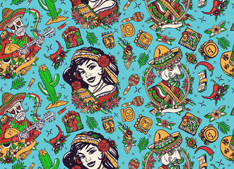 Mexico. Seamless pattern. Traditional tattooing sbackground. Skeleton with guitar, mexican man and woman. National culture and people