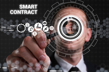 Business, technology, internet and network concept. Young businessman thinks over the steps for successful growth: Smart contract