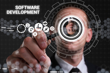 Business, technology, internet and network concept. Young businessman thinks over the steps for successful growth: Software development