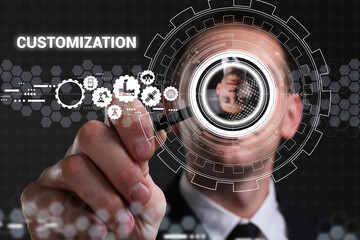 Business, technology, internet and network concept. Young businessman thinks over the steps for successful growth: Customization