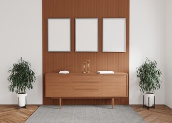 Three empty photo frame for mockup in empty white room. 3D rendering..