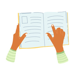 Hands with book in cartoon flat style. Concept of World book day, studying, learning . Vector illustration of open dictionary, encyclopedias, planner.