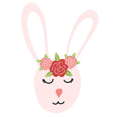 Cute bunny face with flowers in cartoon flat style isolated on white background. Easter rabbit character for print, kids design. Vector illustration of sweet animal snout