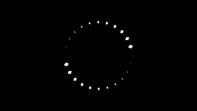 Animation of white rhombus icon that are arranged around each other in a circle on black background. Indicator for loading progress. Seamless looping. Video animated background.