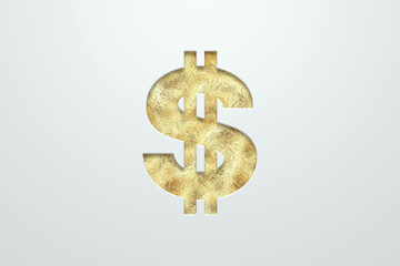 Golden style, luxury, dollar sign. 3D illustration, 3D render, copy space.