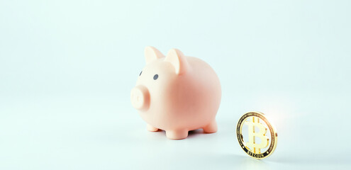 Save bitcoin money. Pink piggy bank with crypto coin BTC on white background. Saving currency money and financial concept bank.