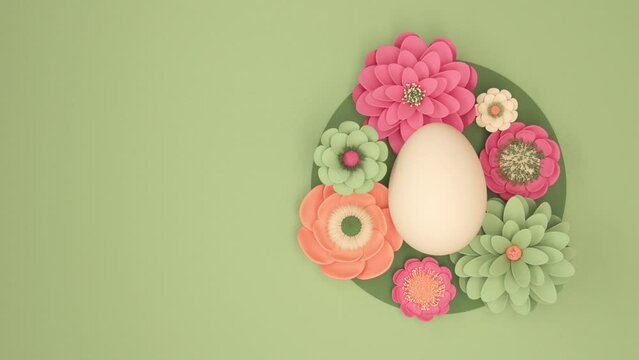 Easter card with egg and animated blooming flowers on green background. 3d render, blank space for text