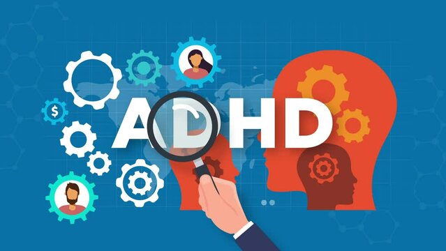 adhd concept animation.gears and Silhouette of a human head.