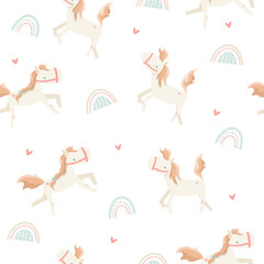 Cute cartoon ponies. Vector seamless pattern with white horses, rainbow and hearts. Isolated on white background. 