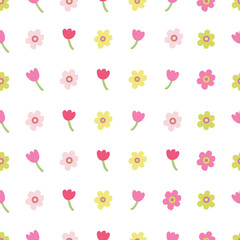 Vector seamless pattern with colorful daisy and tulip flowers. Great for fabric, wrapping papers, Easter design. Hand drawn flat illustration on white background.