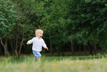 A little boy joyfully runs through the green grass in the summer in the park along a narrow path and smiles happily