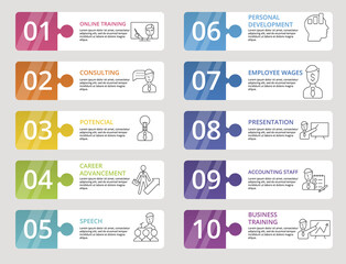 Infographic Business Training icons vector illustration. 10 colored steps info template with editable text.