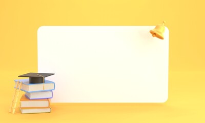 White board, empty poster with stack books, graduation cap, ladder and bell. Concept back to school, education, university and college study. Realistic 3d render blank frame on yellow background