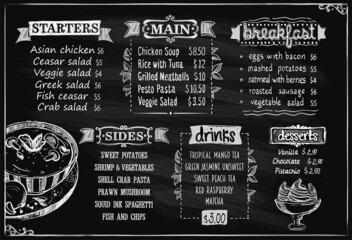Chalk menu board design template with starters and main dishes, breakfast, sides, desserts and drinks - 496756931