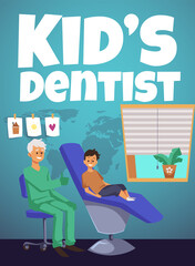 KIds dentist promotion banner or flyer template, flat vector illustration.