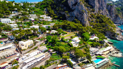 Fototapeta premium Beautiful coastline in Marina Piccola, Capri. Aerial view from drone.