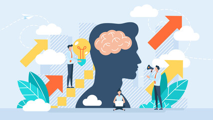 Brainstorming. Happy tiny characters rejoice in the growth of creativity. Concept of generation of innovative ideas, creative thought, creativity and imagination. Flat cartoon vector illustration.