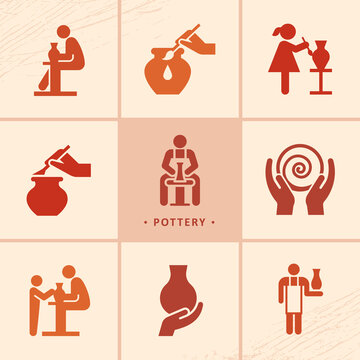 Pottery wheel, potter, clay horse, and other ceramic products in the icon set in flat style.