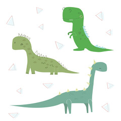 Dino set. Funny cute cartoon dinosaurs. Cute t rex, characters. Hand drawn vector doodle set for kids. Isolated elements on white background.