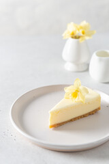 New York cheesecake or classic vanilla cheesecake with vanilla flower on white stone background. Side view, copy space for text. Menu, recipe, confectionery