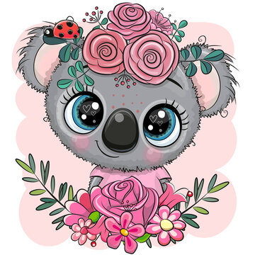 Cartoon Koala girl with flowers
