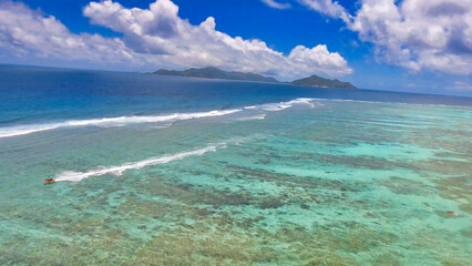 Obraz premium Anse Source Argent, La Digue. Amazing aerial view from drone on a beautiful sunny day