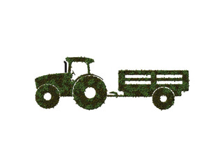 3D illustration of green forest symbol agriculture tractor on isolated white background. Concept Eco-friendly, natural, environment, save farmer, green harvesting, 