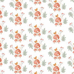 Fly agaric mushrooms and boletus. Background vector pattern