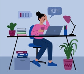 Young girl tired of hard working. Woman at office sits by the table with laptop and has a cup of coffee. Hand drawn colored vector illustration isolated on blue background. Modern flat cartoon style.