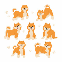 Set of cute shiba inu dogs in different poses. Funny japanese smiling animals. Hand drawn colored vector illustration isolated on white background. Modern trendy flat cartoon style.