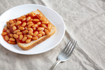 Delicious English Beans on Toast, side view.