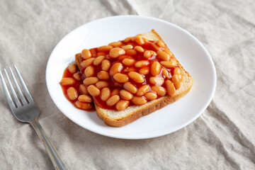 Delicious English Beans on Toast, side view.
