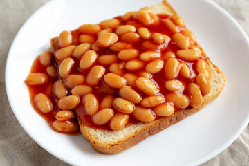 Delicious English Beans on Toast, side view.