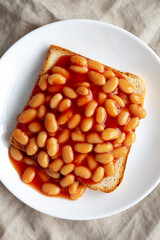 Delicious English Beans on Toast, top view. Flat lay, overhead, from above.