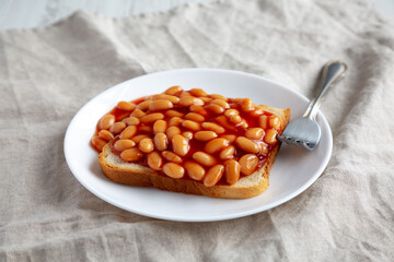 Delicious English Beans on Toast, side view.