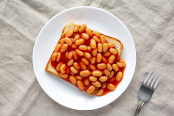 Delicious English Beans on Toast, top view. Close-up.
