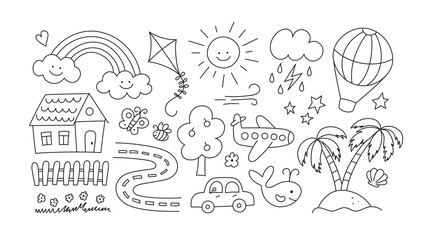 Children drawings set. Kids doodle. Hand drawn road with car and cute house. Sand island and palm trees. Smiling sun, cloud and rainbow. Editable stroke. Vector illustration on white background.