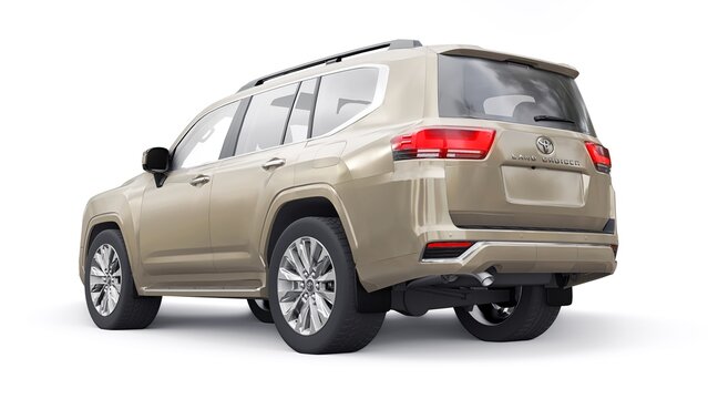 Paris. France. March 31, 2022. Toyota Land Cruiser 300 2021. Beige large family seven-seater premium SUV on a white isolated background. 3d illustration.