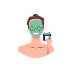 Smiling man with cucumber slices on eye and beauty mask on face, flat vector illustration isolated on white background.