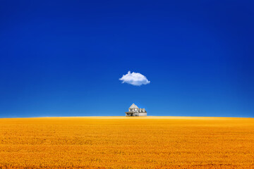 flag of ukraine from yellow wheat field blue sky house and cloud, ukraine war concept 