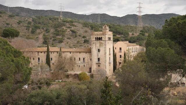 Monasterio de San Jeronimo de la Murtra in Badalona with view of city and Mediterranean Sea in background.