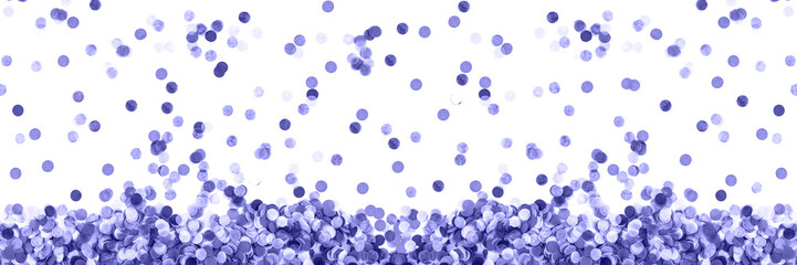 Banner with purple confetti background. Flat lay style.