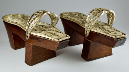 Silver decorated high slippers used in the hot baths of the Ottomans and Turks. Clog. Gift, cultural object. Dowry item decorated with precious silver.