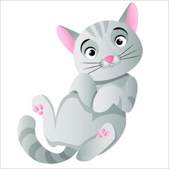 The gray cat lies on its back with its paws clenched