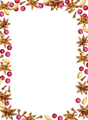 Watercolour border with ingredients for  mulled wine, hand drawn sketch, illustration of hot drink