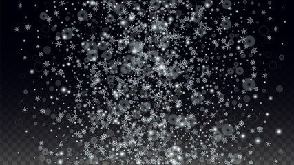 Christmas Vector Background with Falling Snowflakes  Isolated on Transparent Background. Realistic Snow Sparkle Pattern. Snowfall Overlay Print. Winter Sky. Realistic Snow. Happy Christmas, New Year.