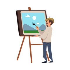 Painter or artist at easel creating artwork flat vector illustration isolated.