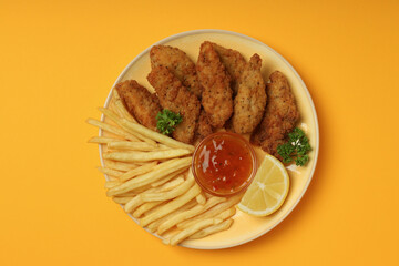 Concept of tasty food with Chicken strips, top view
