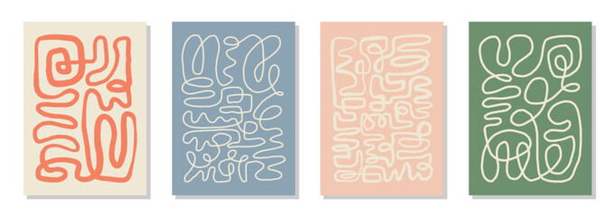 Set of 4 wall art posters, brochure, flyer templates. Single organic line abstract shape drawn, hand drawn design, simple wallpaper. Dynamic continuous one line graphic vector vintage design.